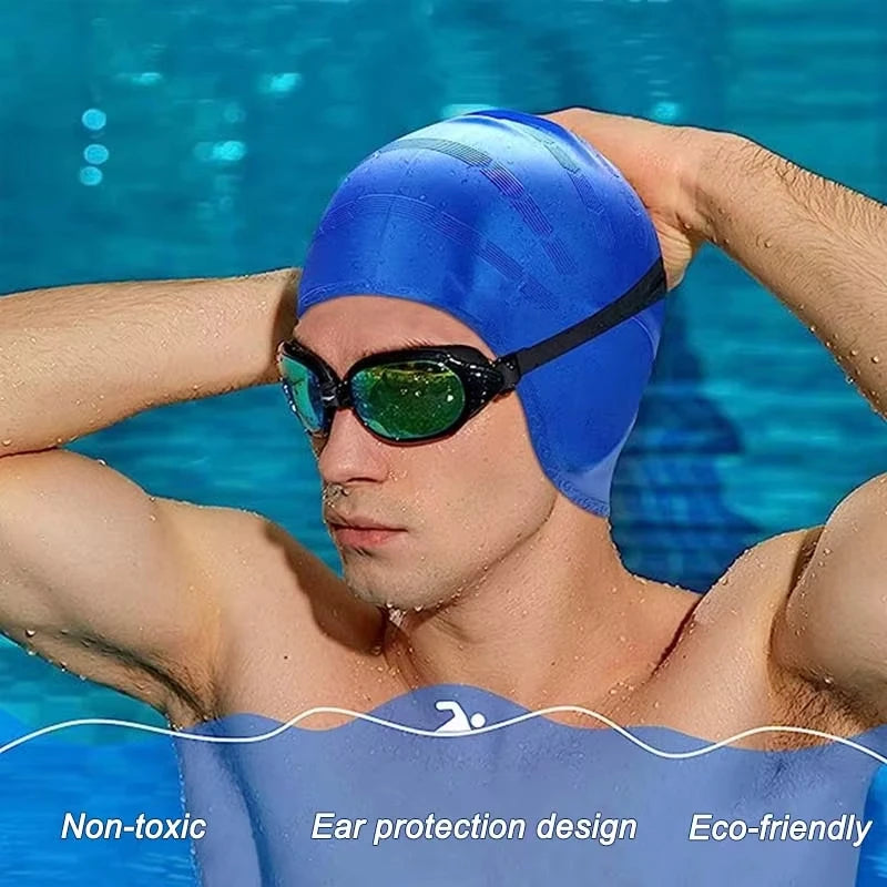 DIZETION Waterproof Swimming Cap High Elasticity Ears Protection Large Silicone Diving Cap for Enhanced Comfort and Durability