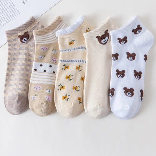 5 Pairs Women Low Tube Socks Set Cute Bear Pattern Fashion Breathable For Female Casual Style Comfortable Socks