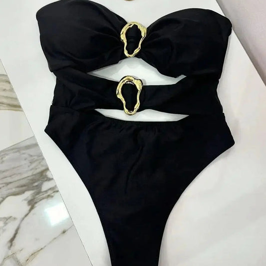 3 Colors Sexy Metal Rings Cut Out Women Swimwear One Piece Swimsuit Female Bandeau High Leg Cut Bather Bathing Suit Swim B022D